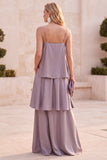 Fog Satin Spaghetti Straps Tiered Maxi Wedding Guest Dress with Pockets