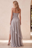 Silver Sequins Strapless Chiffon Tiered A-Line Long Formal Dress with Ruffled Slit