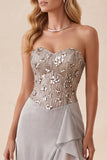 Silver Sequins Strapless Chiffon Tiered A-Line Long Formal Dress with Ruffled Slit