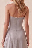 Silver Sequins Strapless Chiffon Tiered A-Line Long Formal Dress with Ruffled Slit