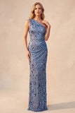 Slate Blue Sequins Sheath One Shoulder Ruched Long Formal Dress