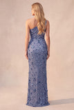 Slate Blue Sequins Sheath One Shoulder Ruched Long Formal Dress