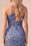 Slate Blue Sequins Sheath One Shoulder Ruched Long Formal Dress