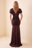 Brown Mermaid V-Neck Ruched Puff Short Sleeves Chiffon Long Formal Dress with Sequins