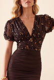 Brown Mermaid V-Neck Ruched Puff Short Sleeves Chiffon Long Formal Dress with Sequins