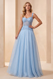 Sky Blue A-Line Sweetheart Chiffon Sequins Long Formal Dress