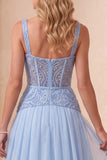 Sky Blue A-Line Sweetheart Chiffon Sequins Long Formal Dress