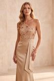 Champagne Mermaid One Shoulder Sequins Satin Long Formal Dress