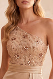 Champagne Mermaid One Shoulder Sequins Satin Long Formal Dress