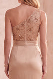 Champagne Mermaid One Shoulder Sequins Satin Long Formal Dress