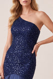 Dark Blue Mermaid Satin One Shoulder Sequins Long Formal Dress with Beading