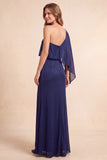 Dark Blue Sheath One Shoulder Long Formal Dress with Slit