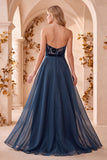 Navy A-Line Strapless Velvet Organza Long  Formal Dress
