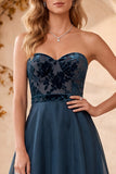 Navy A-Line Strapless Velvet Organza Long  Formal Dress