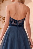 Navy A-Line Strapless Velvet Organza Long  Formal Dress