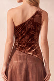 Coffee A-Line One Shoulder Velvet Floral Long Formal Dress