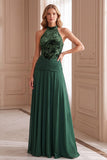 Green A-Line High Ruched Velvet Long Formal Dress