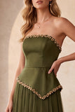 Olive A-Line Strapless Pleated Satin Long Formal Dress with Beading