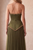 Olive A-Line Strapless Pleated Satin Long Formal Dress with Beading