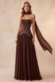 Coffee Corset Sweetheart A-Line Long Formal Dress with Rhinestone
