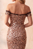Khaki Mermaid Off the Shoulder Sequins Long Formal Dress