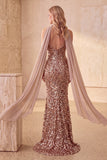 Khaki Sequins Mermaid Strapless Long Formal Dress with Draped Chiffon Sash