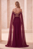 Burgundy Mermaid Off the Shoulder Cape Long Formal Dress with Sequins