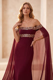 Burgundy Mermaid Off the Shoulder Cape Long Formal Dress with Sequins