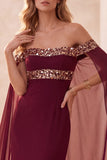 Burgundy Mermaid Off the Shoulder Cape Long Formal Dress with Sequins