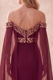 Burgundy Mermaid Off the Shoulder Cape Long Formal Dress with Sequins