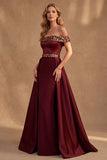 Burgundy A-Line Off the Shoulder Satin Long Formal Dress with Sequins