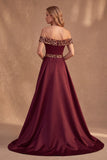 Burgundy A-Line Off the Shoulder Satin Long Formal Dress with Sequins