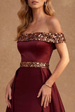 Burgundy A-Line Off the Shoulder Satin Long Formal Dress with Sequins