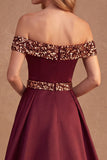 Burgundy A-Line Off the Shoulder Satin Long Formal Dress with Sequins