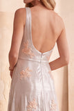 Silver A-Line One Shoulder Long Formal Dress with Appliques
