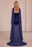 Navy Mermaid Velvet Strapless Chiffon Floral Long Formal Dress