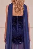 Navy Mermaid Velvet Strapless Chiffon Floral Long Formal Dress