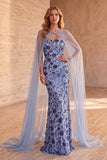 Slate Blue Mermaid Strapless Sequins Floral Long Formal Dress with Cape