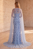 Slate Blue Mermaid Strapless Sequins Floral Long Formal Dress with Cape