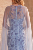 Slate Blue Mermaid Strapless Sequins Floral Long Formal Dress with Cape