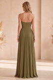 Olive A-Line Strapless Pleated Long Formal Dress with Rhinestones