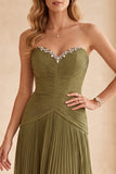 Olive A-Line Strapless Pleated Long Formal Dress with Rhinestones