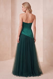 Dark Green A-Line Strapless Tulle Satin Long Formal Dress with Beading