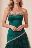Dark Green A-Line Strapless Tulle Satin Long Formal Dress with Beading
