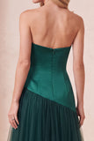 Dark Green A-Line Strapless Tulle Satin Long Formal Dress with Beading