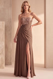 Coffee A-Line Strapless Ruched Sequins Chiffon Maxi Formal Dress with Beading