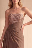 Coffee A-Line Strapless Ruched Sequins Chiffon Maxi Formal Dress with Beading