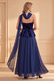 Dark Blue A-Line Velvet Strapless Printed Chiffon Long Formal Dress