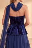 Dark Blue A-Line Velvet Strapless Printed Chiffon Long Formal Dress