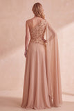 Khaki A-Line Chiffon One Shoulder Beaded Long Formal Dress with Cape
